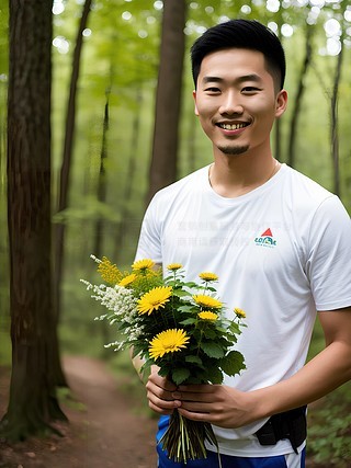 亚洲男人在露营采摘花朵