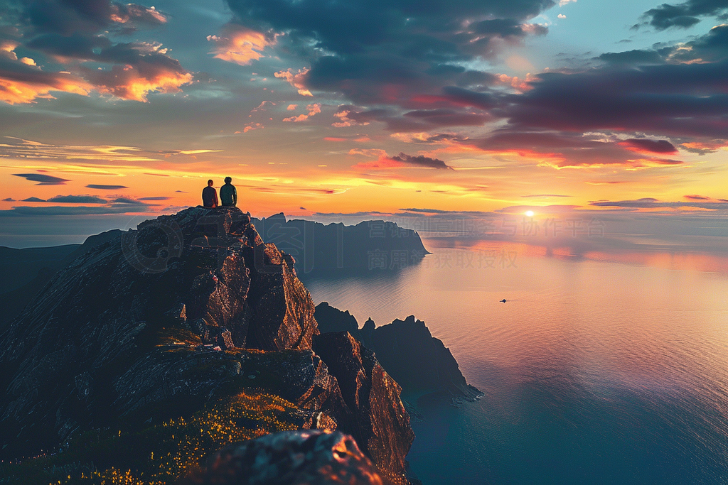 two friends admiring the sunset from top of a high cliff in northern norway - view ȥåեȤȻȻдʵ