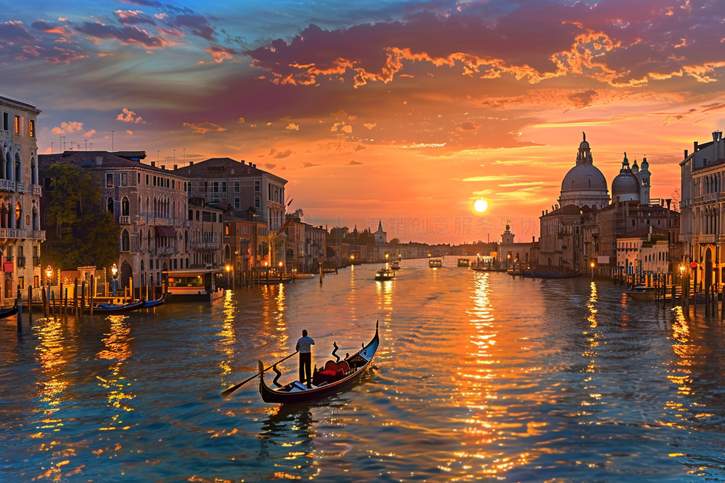 gondolier heads into the sunset along venice's grand canal (sunset) - view ȥåեȤȻдʵ羰Ӱ˺ӹŵ佨