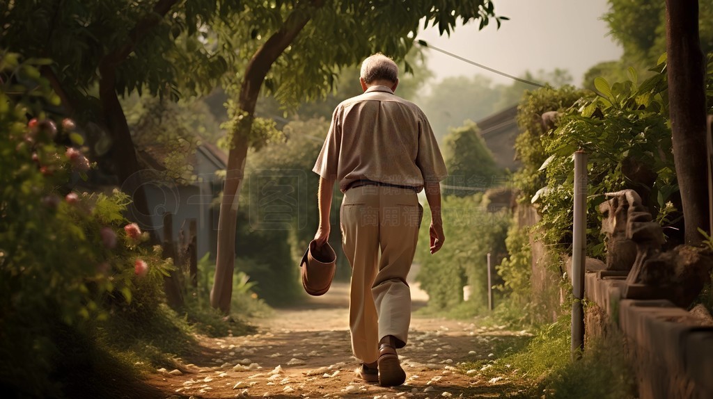 老人养老一位老人拄着拐杖独自在公园里散步的背影
