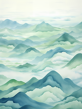 中国风水彩水墨画山峰太阳鸟儿树木场景插画