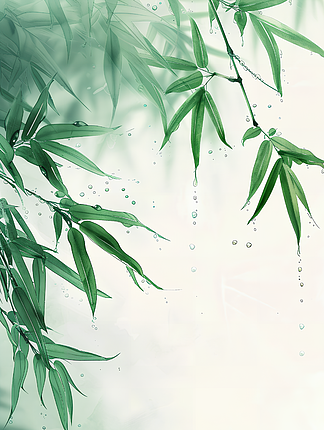 中国风山谷里轻快的雨滴打在竹叶上发出清脆的声音水墨画