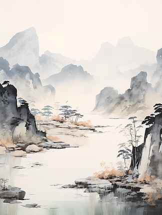 极简主义的中国山水水墨插画