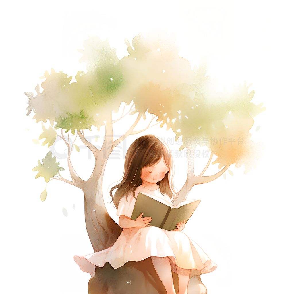 大树下乘凉吃西瓜的小女孩插画图片-千库网