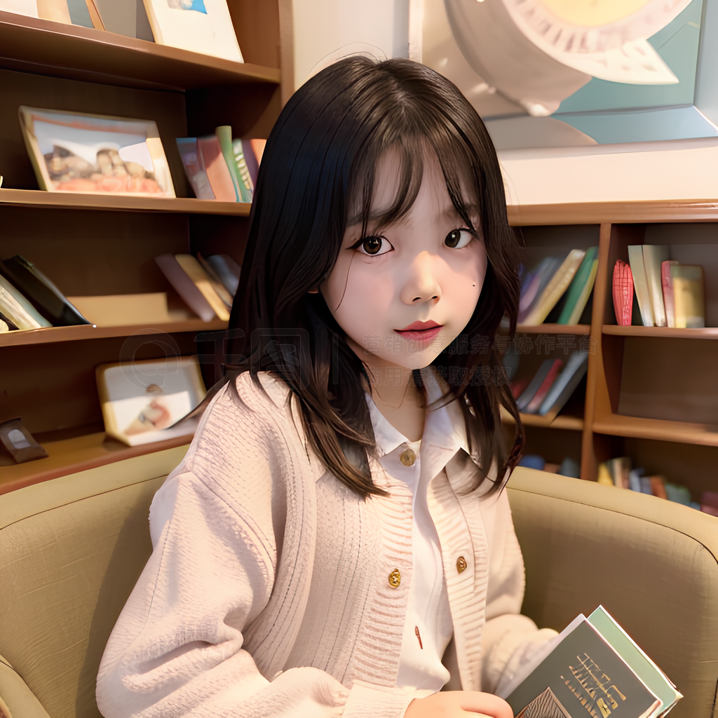 一个小女孩在书店看书ai人像免费下载