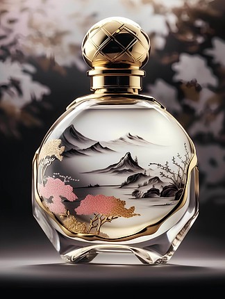 白色和黑色相间中国山水画透明香水瓶