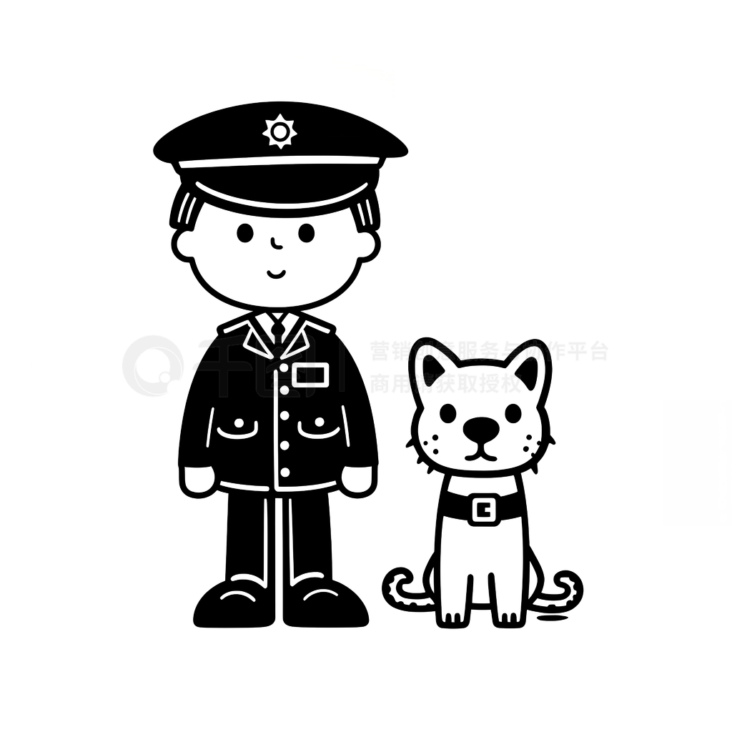 黑白涂鸦下的警察和狗漫步图
