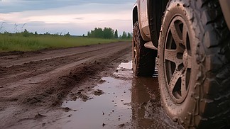 汽车在泥泞的道路上行驶真实摄影图片