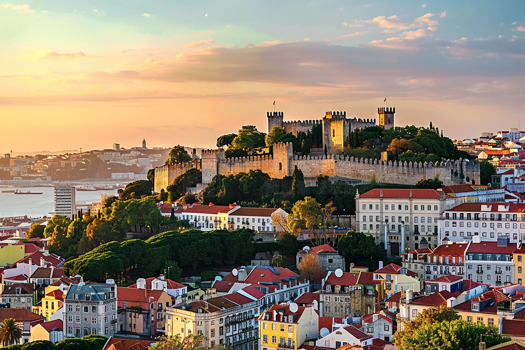 lisbon cityscape with st. george castle (castelo de s?o jorge) at sunset, portugal - view ȥåեȤȻ