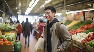 中国男性菜市场购物逛街摄影图