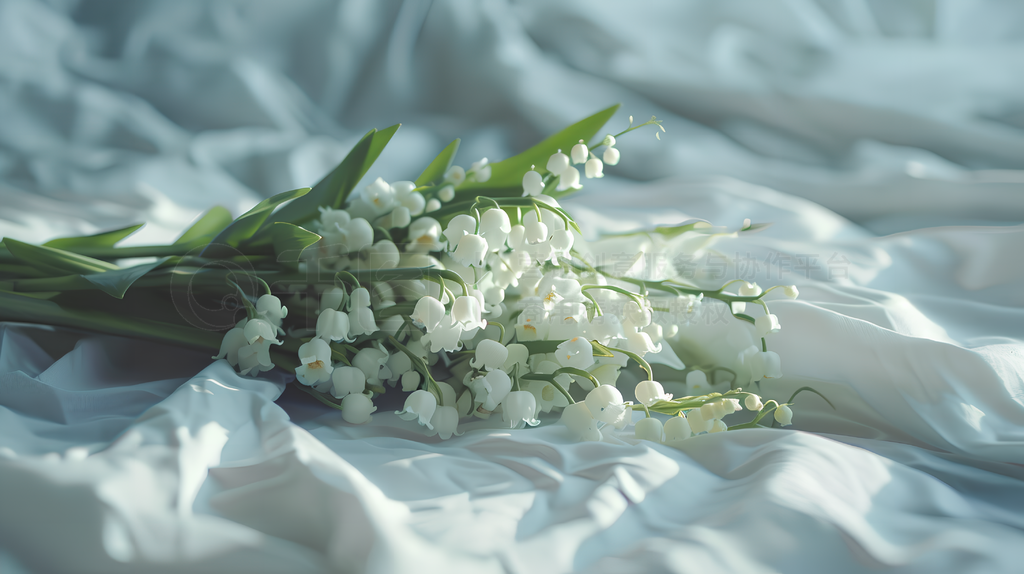 A bouquet of white ٺ lies on the bed, intended for an Instagram story photo, with an aesthetic styl