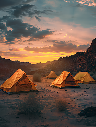 春日沙漠中的露营帐篷摄影图