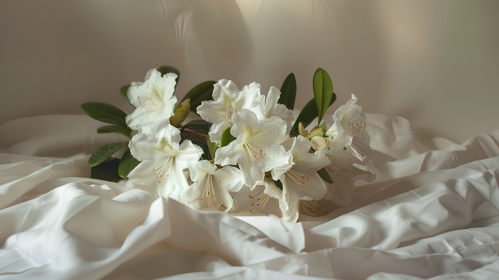 A bouquet of white  lies on the bed, intended for an Instagram story photo, with an aesthetic styl