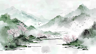 中国风背景春风山水水墨画插画