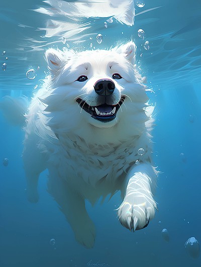 萨莫耶犬可爱小狗在水下游泳插画