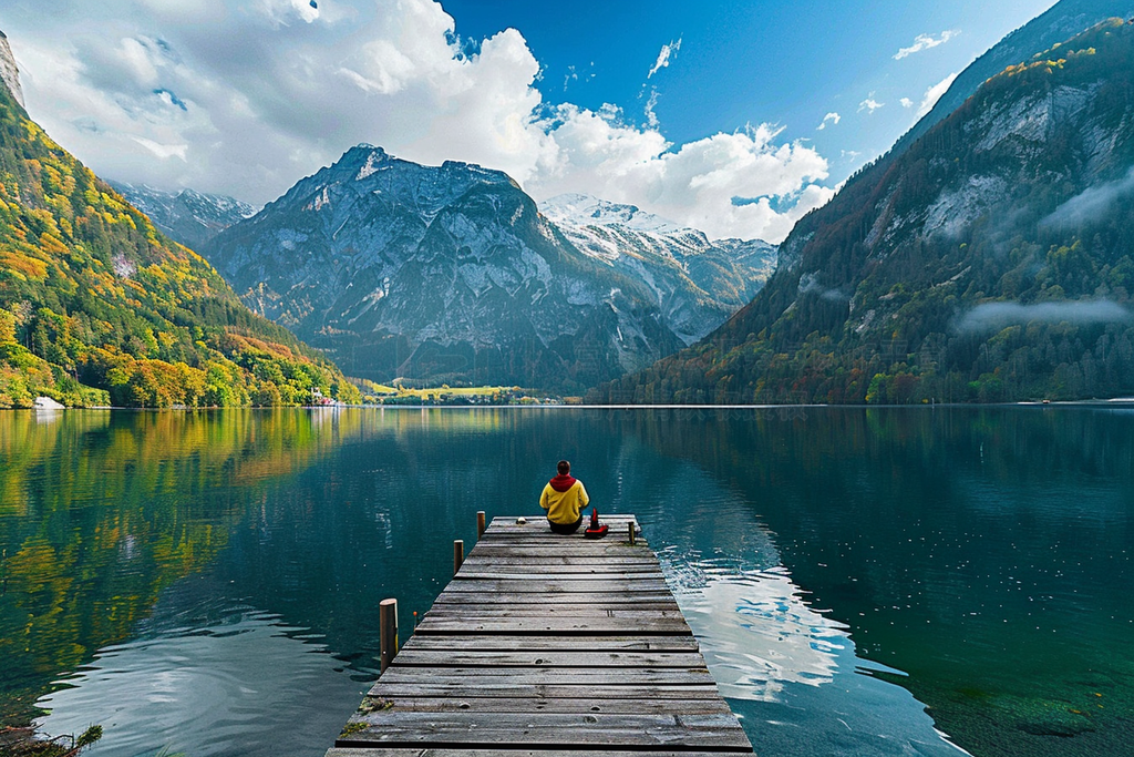 one man sitting on a boat pier admiring the konigssee lake, bavaria, germany - view ȥåեȤȻȻдʵ