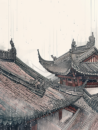 中国风水彩水墨画山峰太阳鸟儿树木场景插画