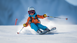 一名中国滑雪运动员在雪山滑雪高清图片