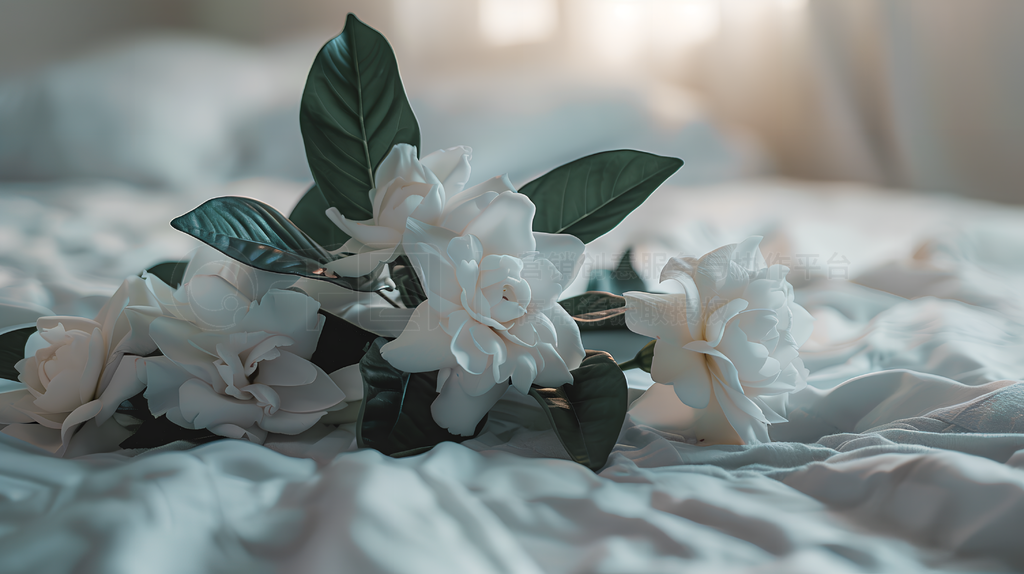 A bouquet of white ɽ軨 lies on the bed, intended for an Instagram story photo, with an aesthetic sty