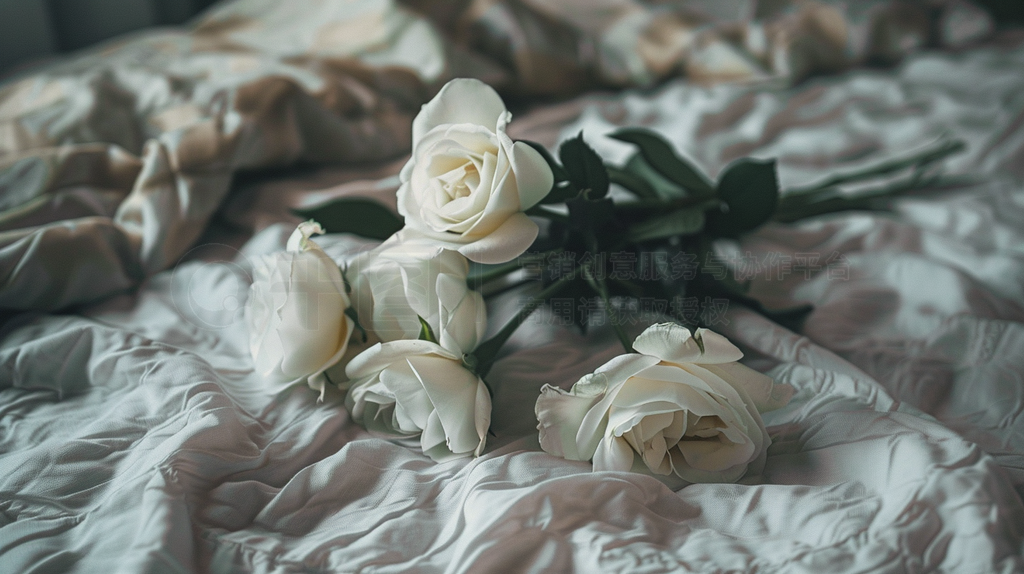 A bouquet of white ž lies on the bed, intended for an Instagram story photo, with an aesthetic styl