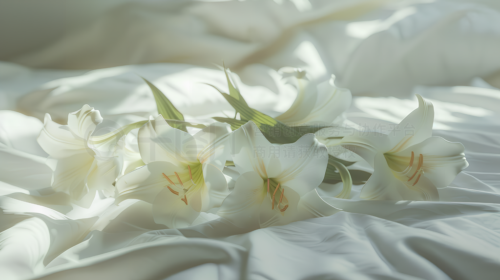 A bouquet of white С lies on the bed, intended for an Instagram story photo, with an aesthetic sty