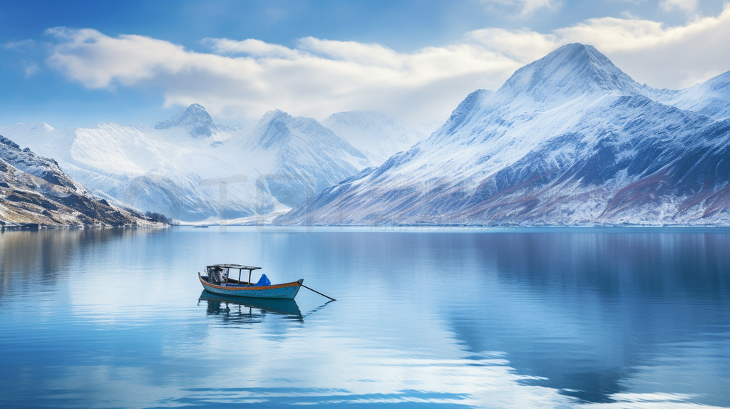 西藏旅游风景摄影图在yamdrok湖和宁静的湖面上划船倒映着蓝天和雪山