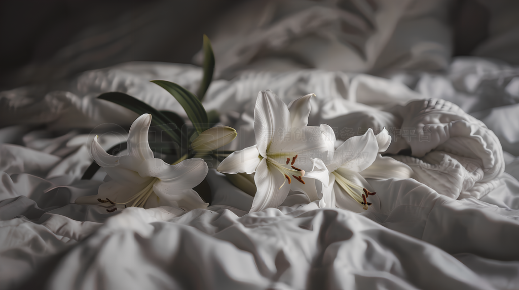 A bouquet of white С lies on the bed, intended for an Instagram story photo, with an aesthetic sty