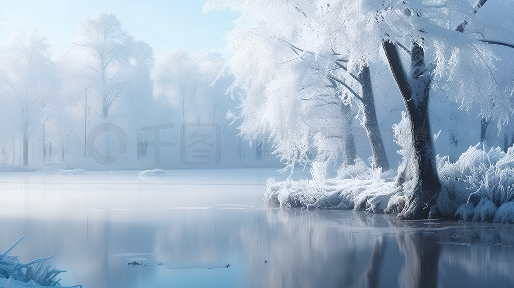 冬天小雪大雪蓝色的河流或湖泊中倒映着结了霜的树木自然风景图片