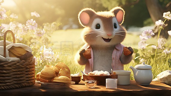 可爱卡通可爱的兔子和小老鼠野餐动物元素