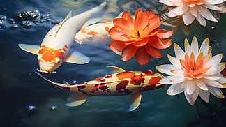 锦鲤在池塘里游泳,池塘里有漂浮的百合垫摄影图