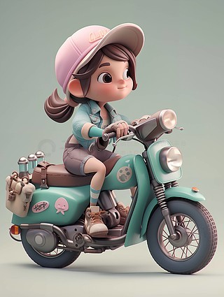 骑着摩托车的可爱3d小女孩ip形象