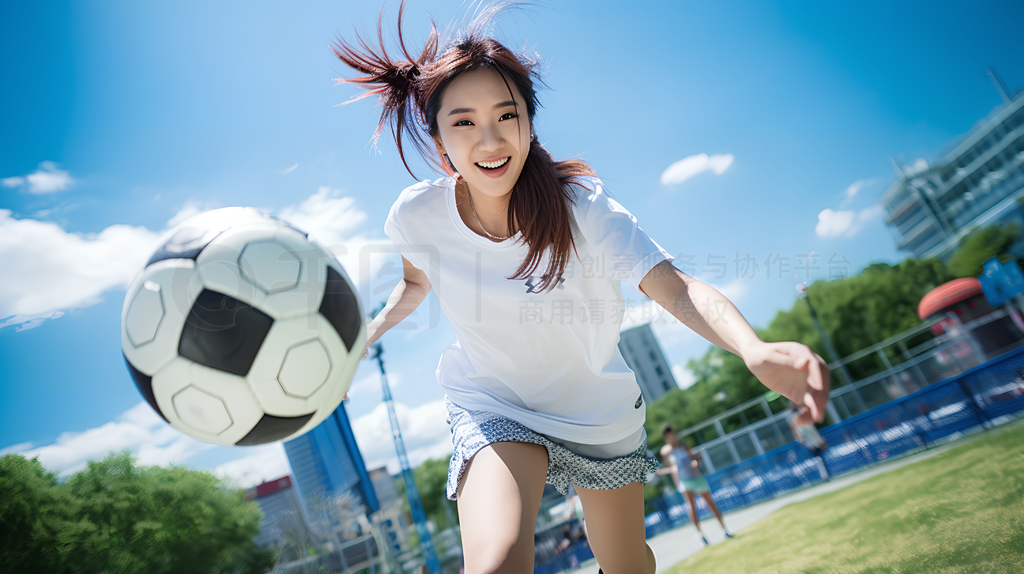 一个正在进行踢足球的女孩摄影图