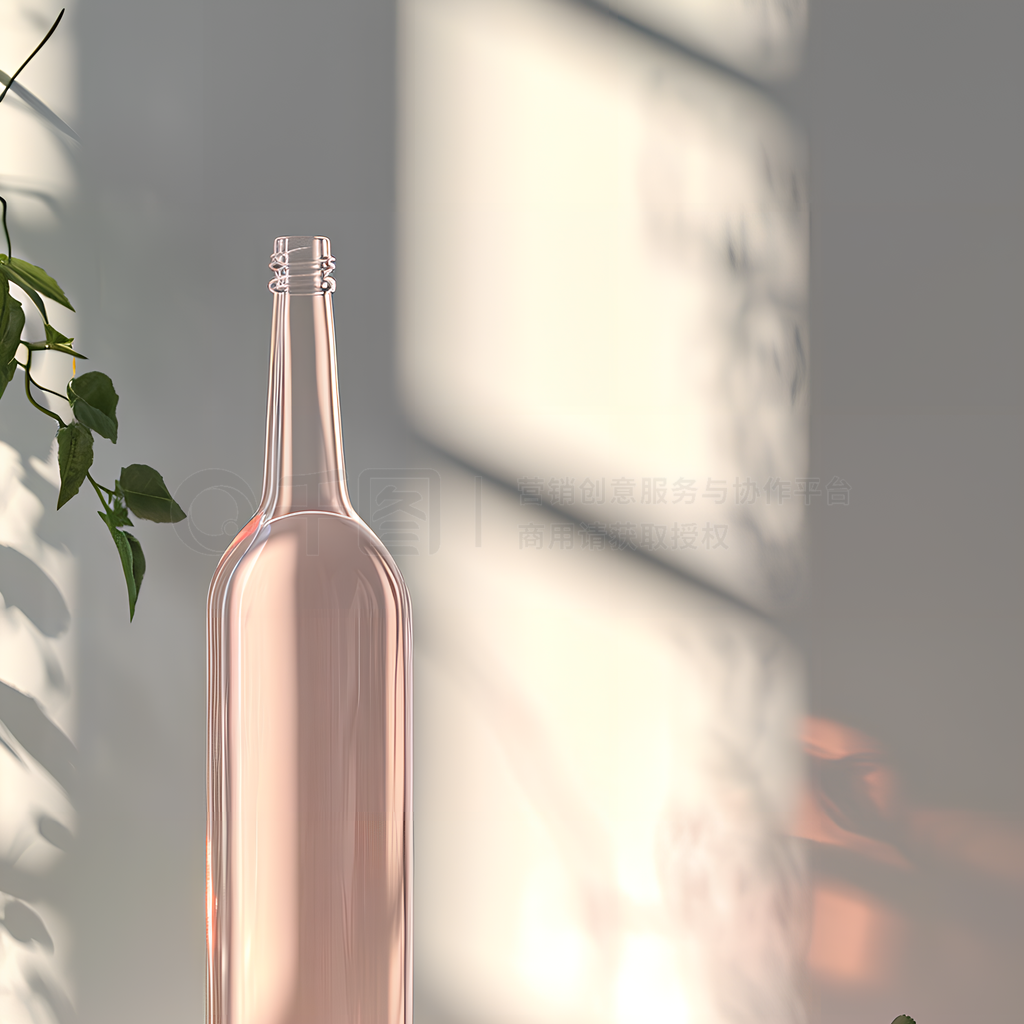情人节玫瑰花优雅摆放:玫瑰色玻璃瓶以白色墙壁为背景,干净的阳光透过