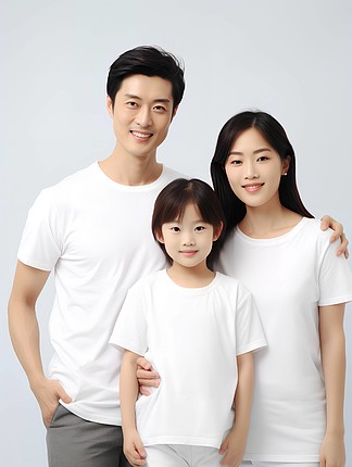 一张身穿白色t恤的年轻中国夫妇全家福摄影图