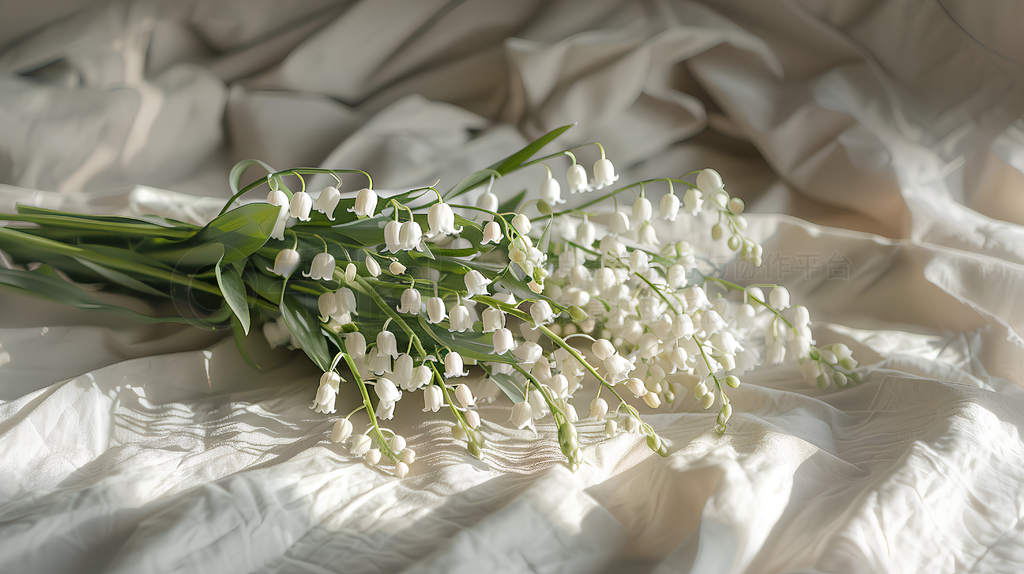 A bouquet of white ٺ lies on the bed, intended for an Instagram story photo, with an aesthetic styl