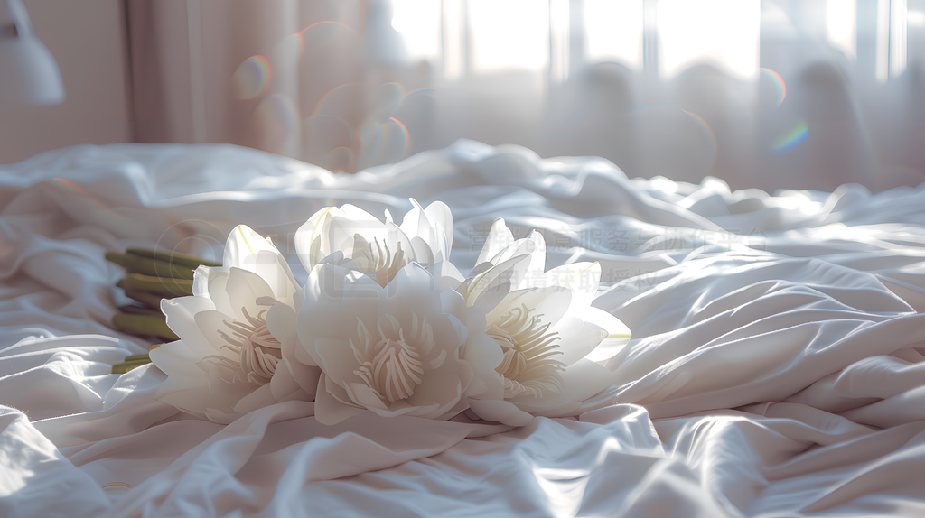 A bouquet of white ĵ lies on the bed, intended for an Instagram story photo, with an aesthetic styl