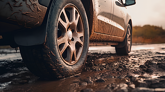 汽车在泥泞的道路上行驶真实摄影图片