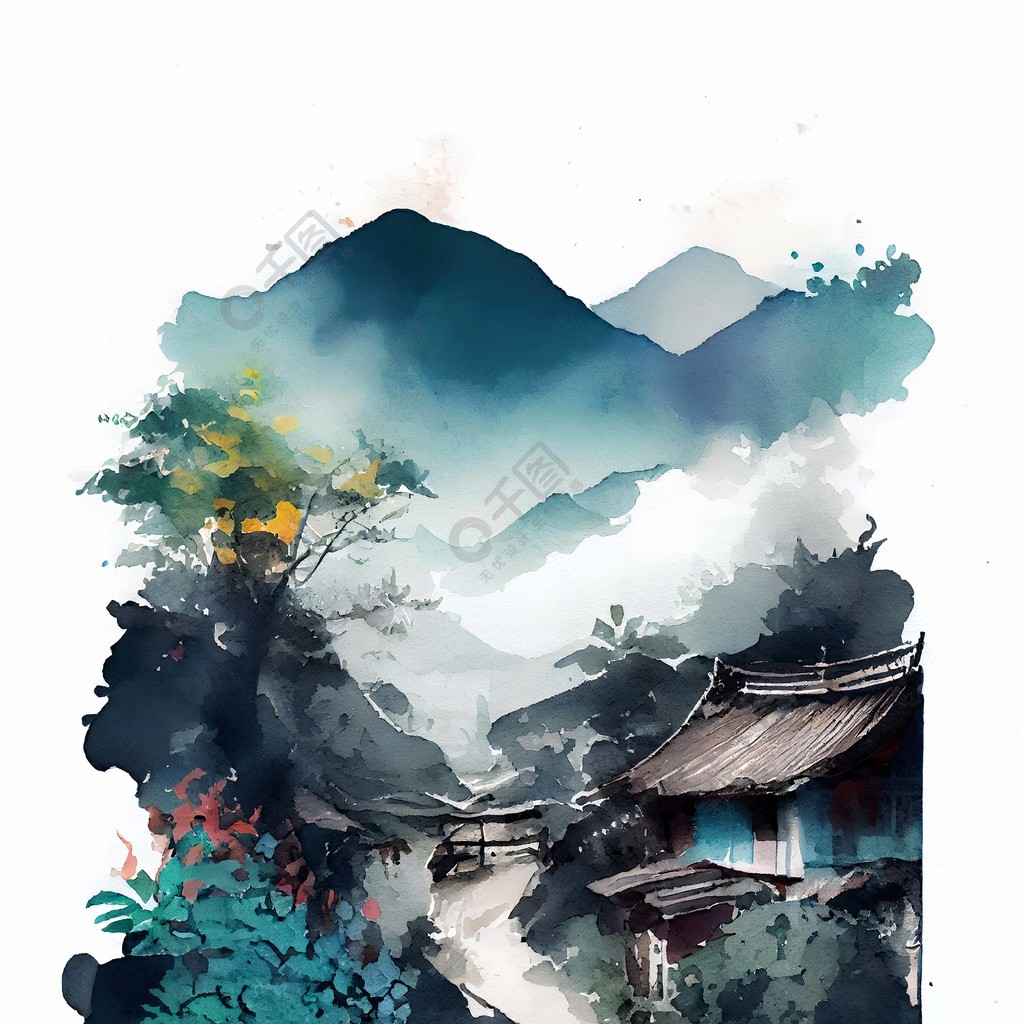 中国风蓝色水彩水墨画风景场景画