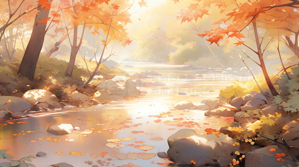 秋季户外风景郊游插画秋日的阳光透过地上的树叶,形成斑驳的光影