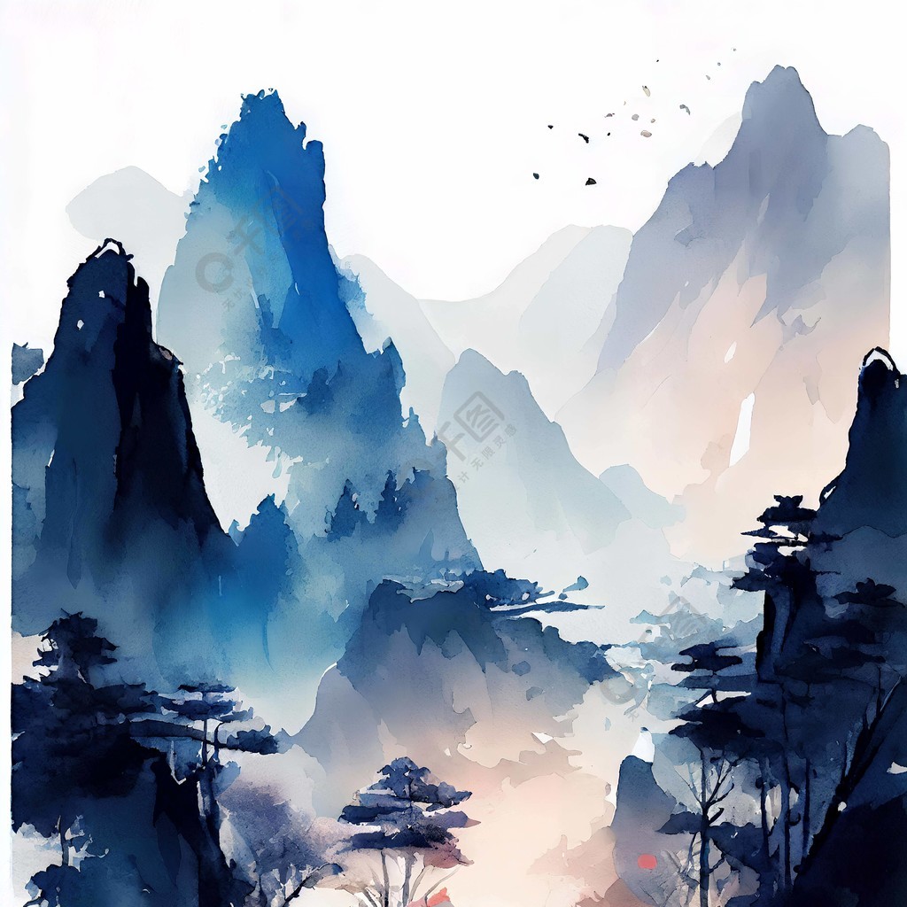 中国风蓝色水彩水墨画风景场景画