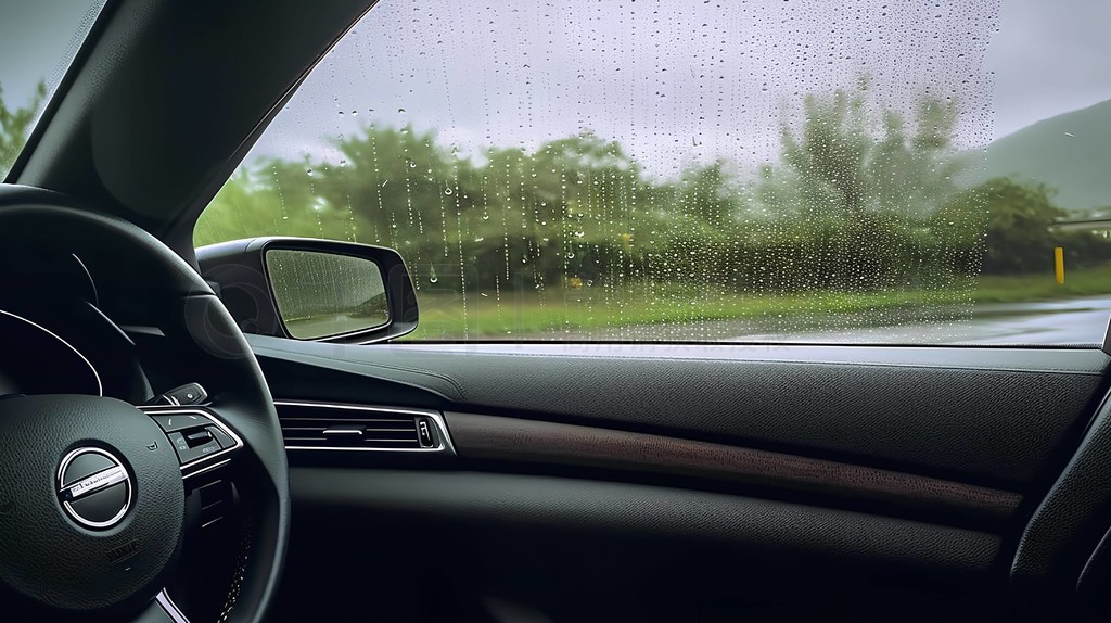 雨天行驶的汽车,车内的视角真实摄影图片