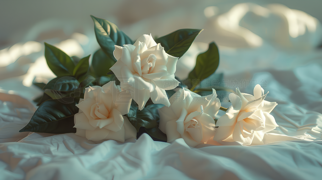 A bouquet of white ɽ軨 lies on the bed, intended for an Instagram story photo, with an aesthetic sty