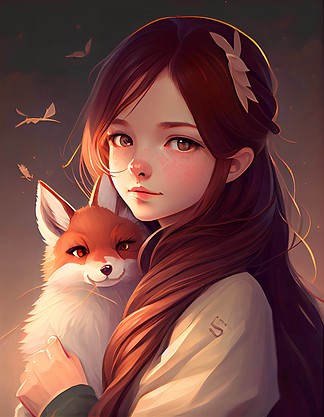 一个可爱平静的黑发女孩拥抱狐狸插画的详细肖像,数字艺术,?真实