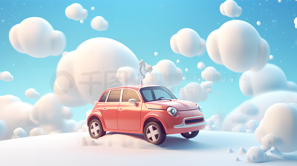 汽车漂浮在圣诞风格的云彩上卡通3d场景设计