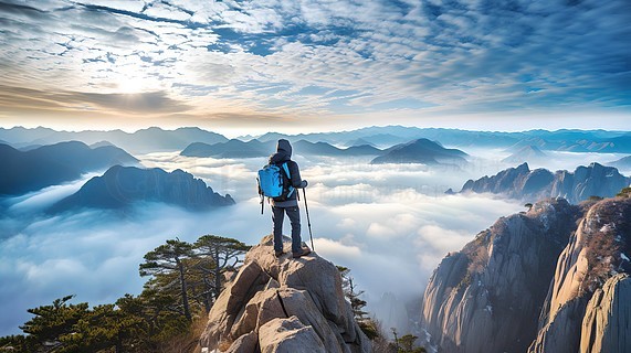 秋日出游户外旅行人像摄影图在山顶的观景台上,摄影师捕捉到了登山者