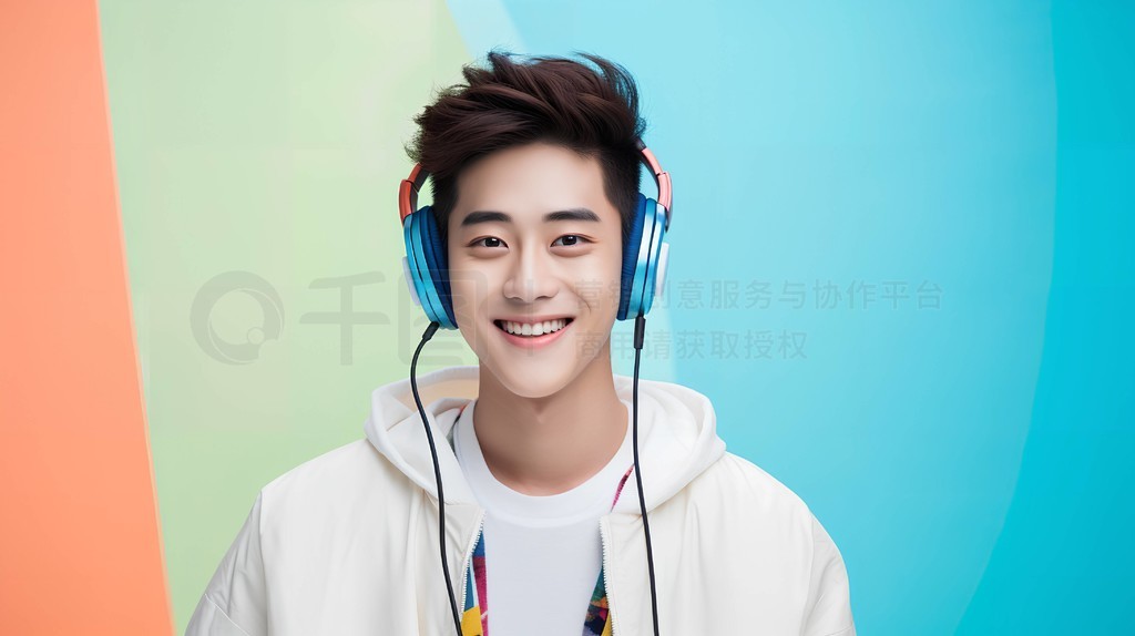 一名25岁的中国男子穿着休闲服,戴着耳机听音乐,微笑着看着相机