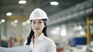 中国女性工程师在建筑工地描绘蓝图人像摄影图