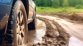 汽车在泥泞的道路上行驶真实摄影图片