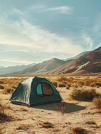 春日沙漠中的露营帐篷摄影图