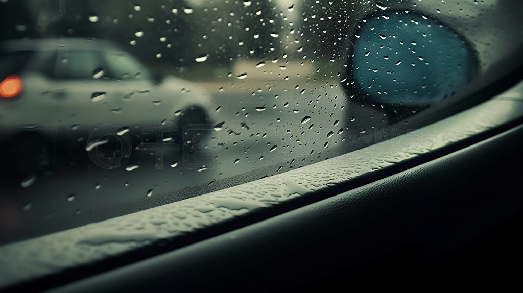 雨天行驶的汽车,车内的视角真实摄影图片